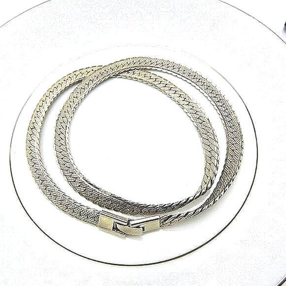 Vintage Wide Silver Textured Herringbone Chain Necklace - Picture 1 of 5